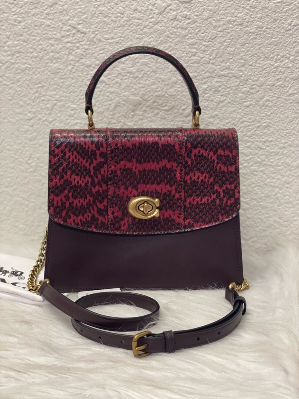 NWT COACH Parker Top HandleIn Blocked Snakeskin With Dust Bag In Deep Red 79282
